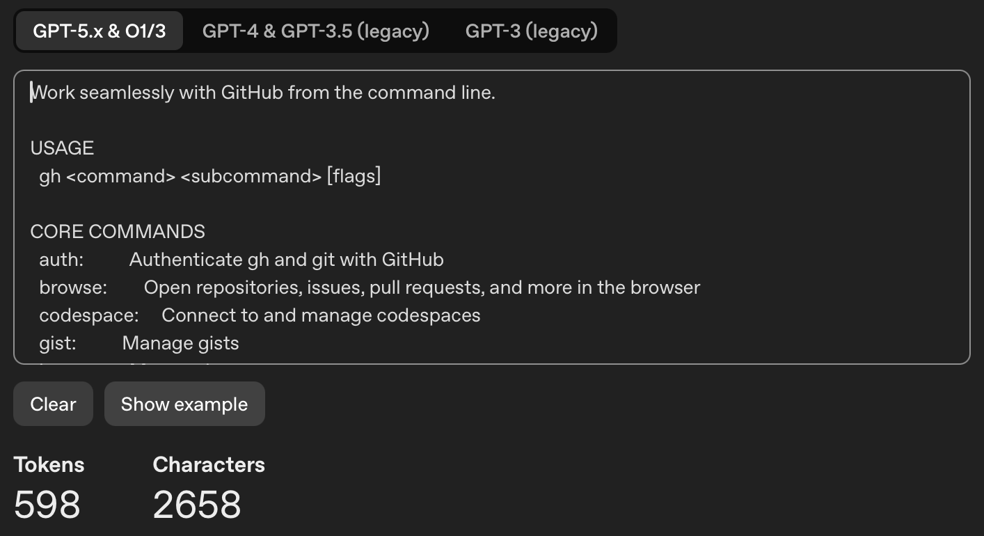 Tokenizer Example of the gh --help command, showing 598 tokens used, with 2658 characters, using the gpt-5.x tokenizer by OpenAI